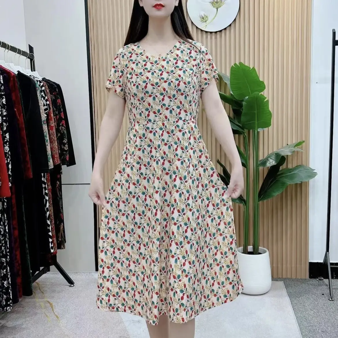Women's Navy Printed Midi Dress Loose Fit Summer Wear — feature 35