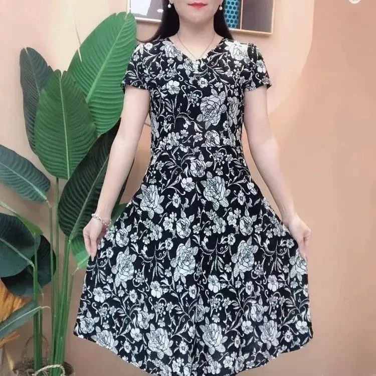 Women's Navy Printed Midi Dress Loose Fit Summer Wear