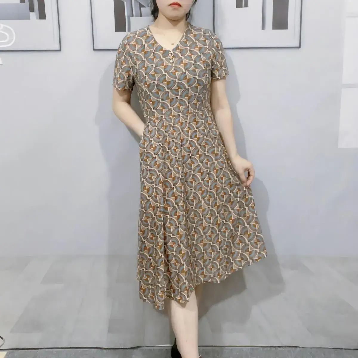 Women's Navy Printed Midi Dress Loose Fit Summer Wear