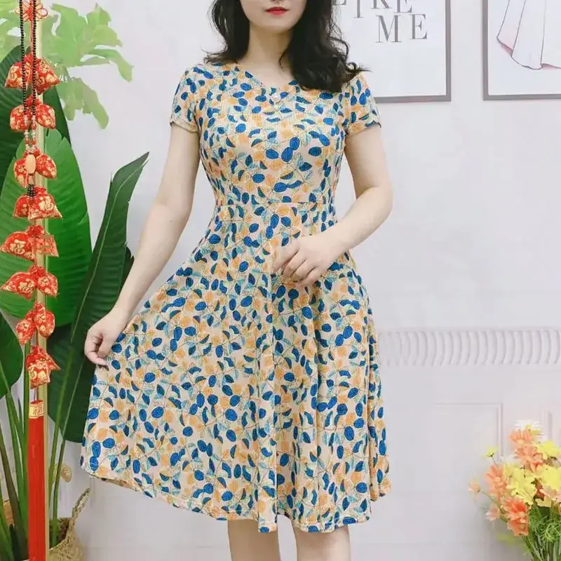 Women's Navy Printed Midi Dress Loose Fit Summer Wear
