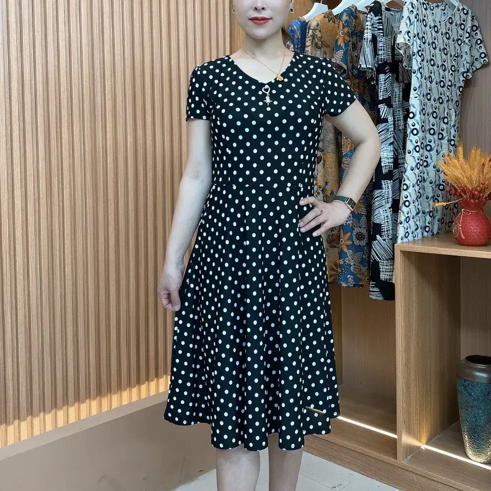 Women's Navy Printed Midi Dress Loose Fit Summer Wear