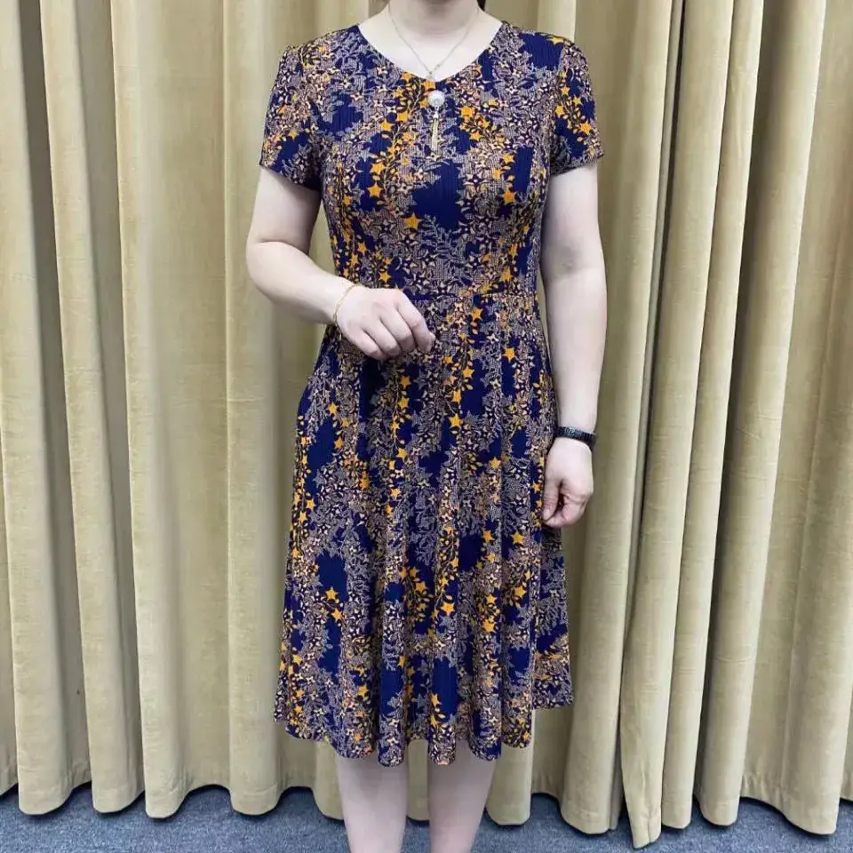 Women's Navy Printed Midi Dress Loose Fit Summer Wear
