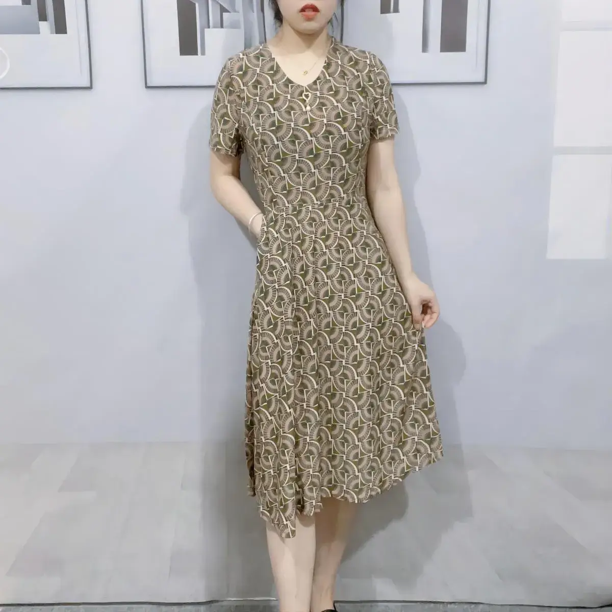 Women's Navy Printed Midi Dress Loose Fit Summer Wear