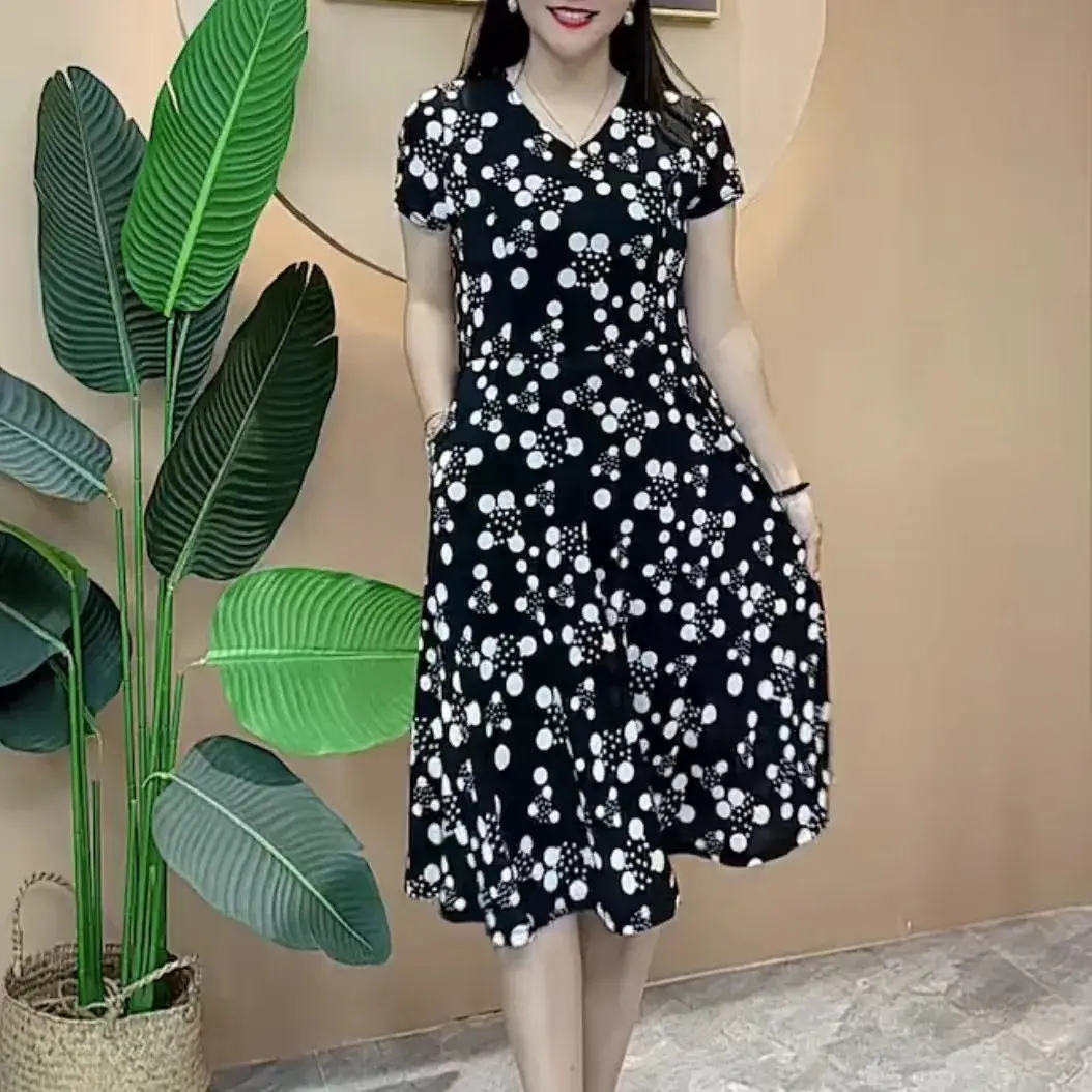 Women's Navy Printed Midi Dress Loose Fit Summer Wear