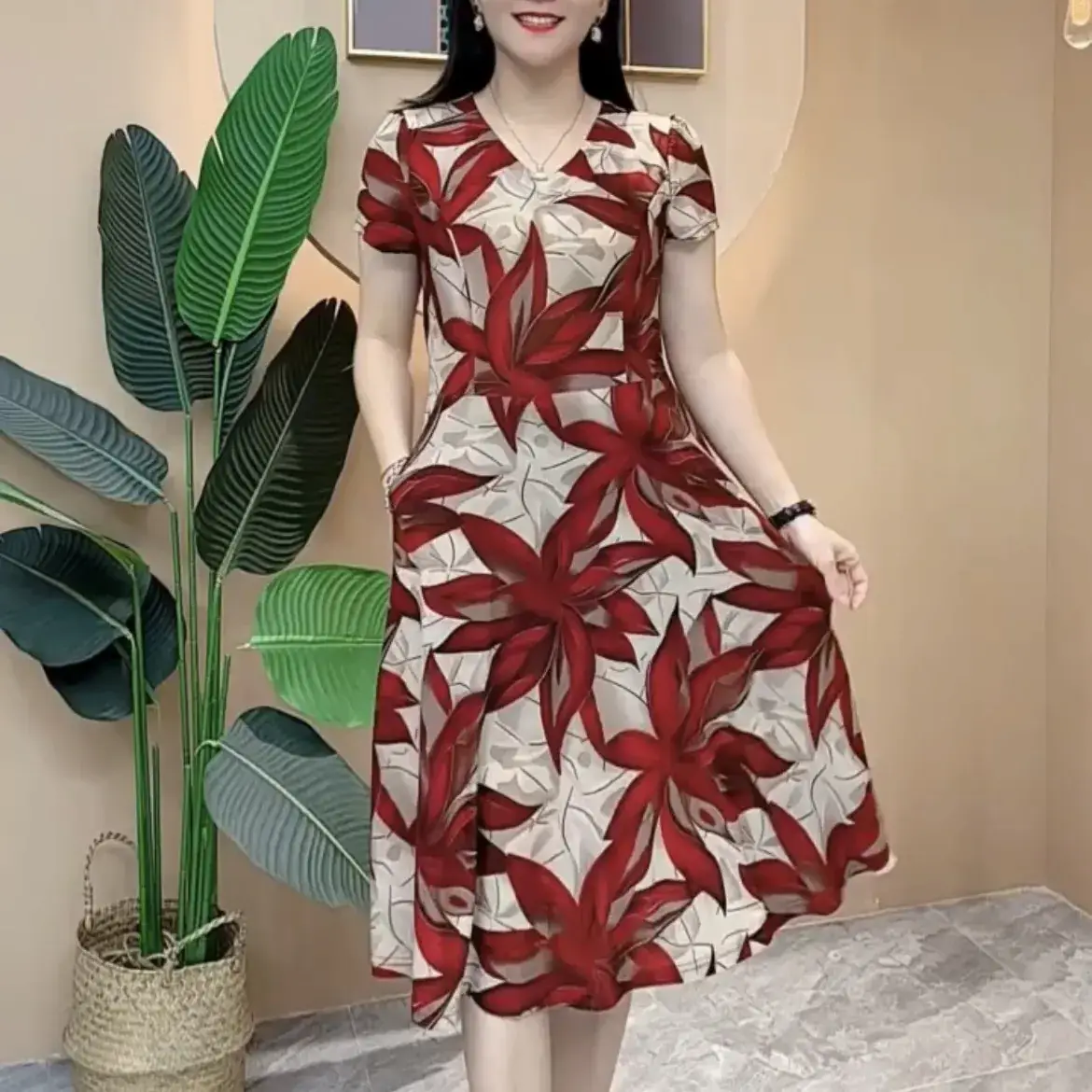 Women's Navy Printed Midi Dress Loose Fit Summer Wear