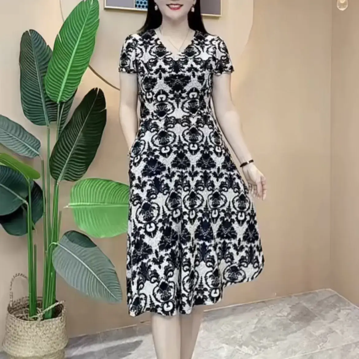 Women's Navy Printed Midi Dress Loose Fit Summer Wear