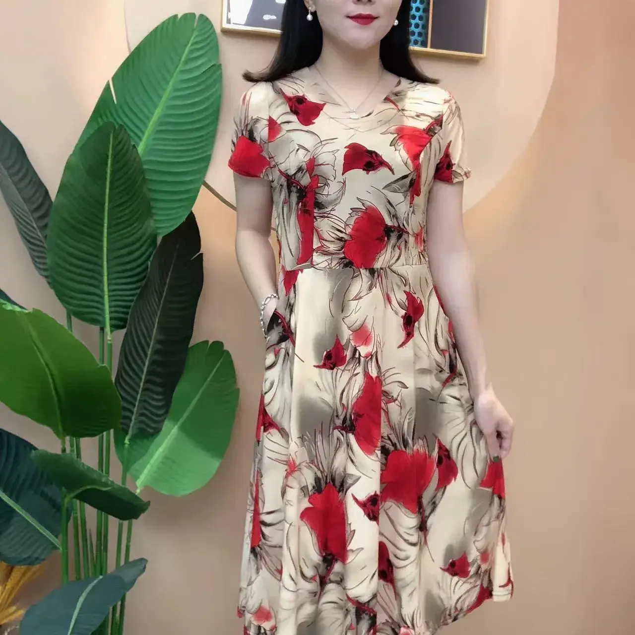 Women's Navy Printed Midi Dress Loose Fit Summer Wear