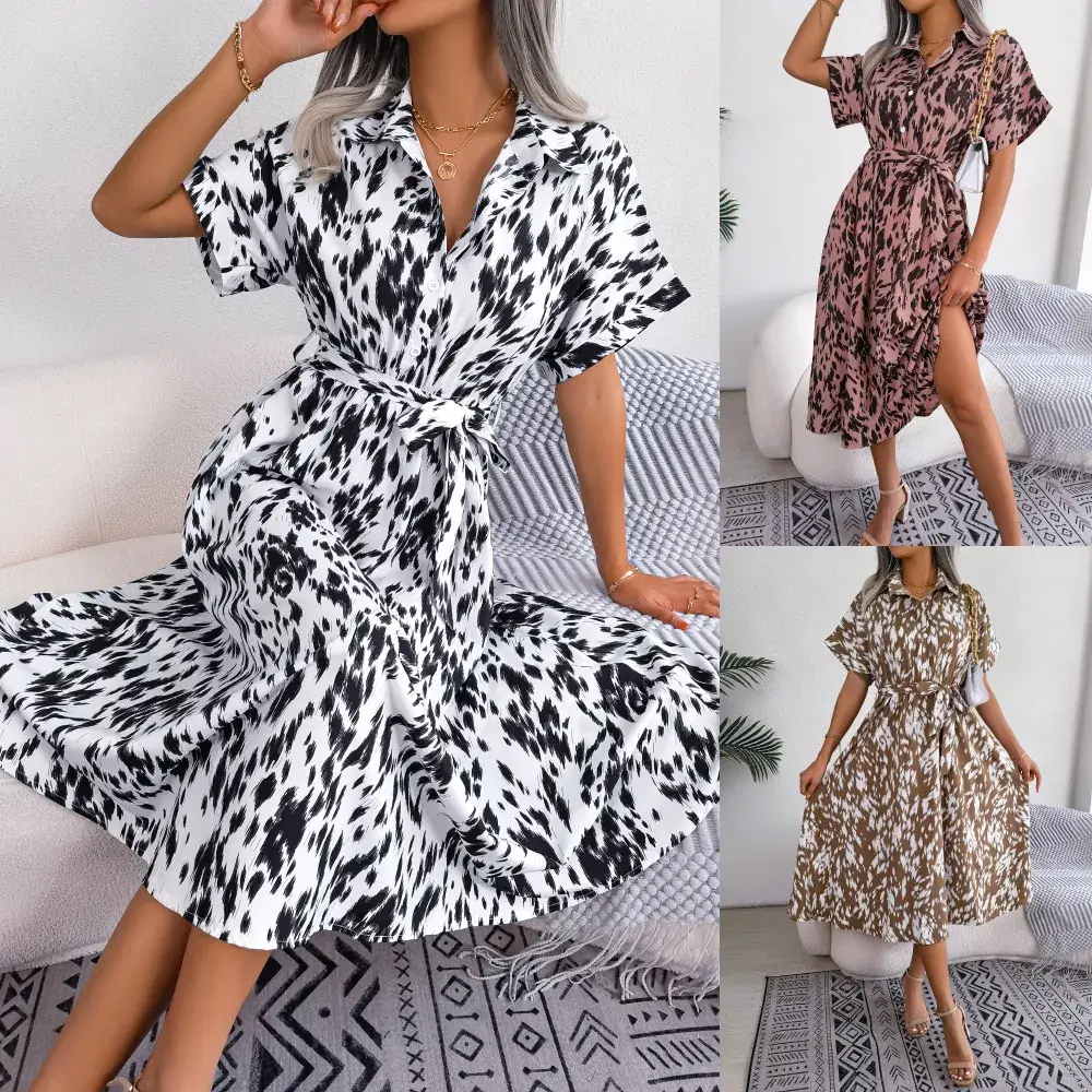 Women's Leopard Print Lace-Up Dress Spring Summer Casual Loose Fit - Image 4