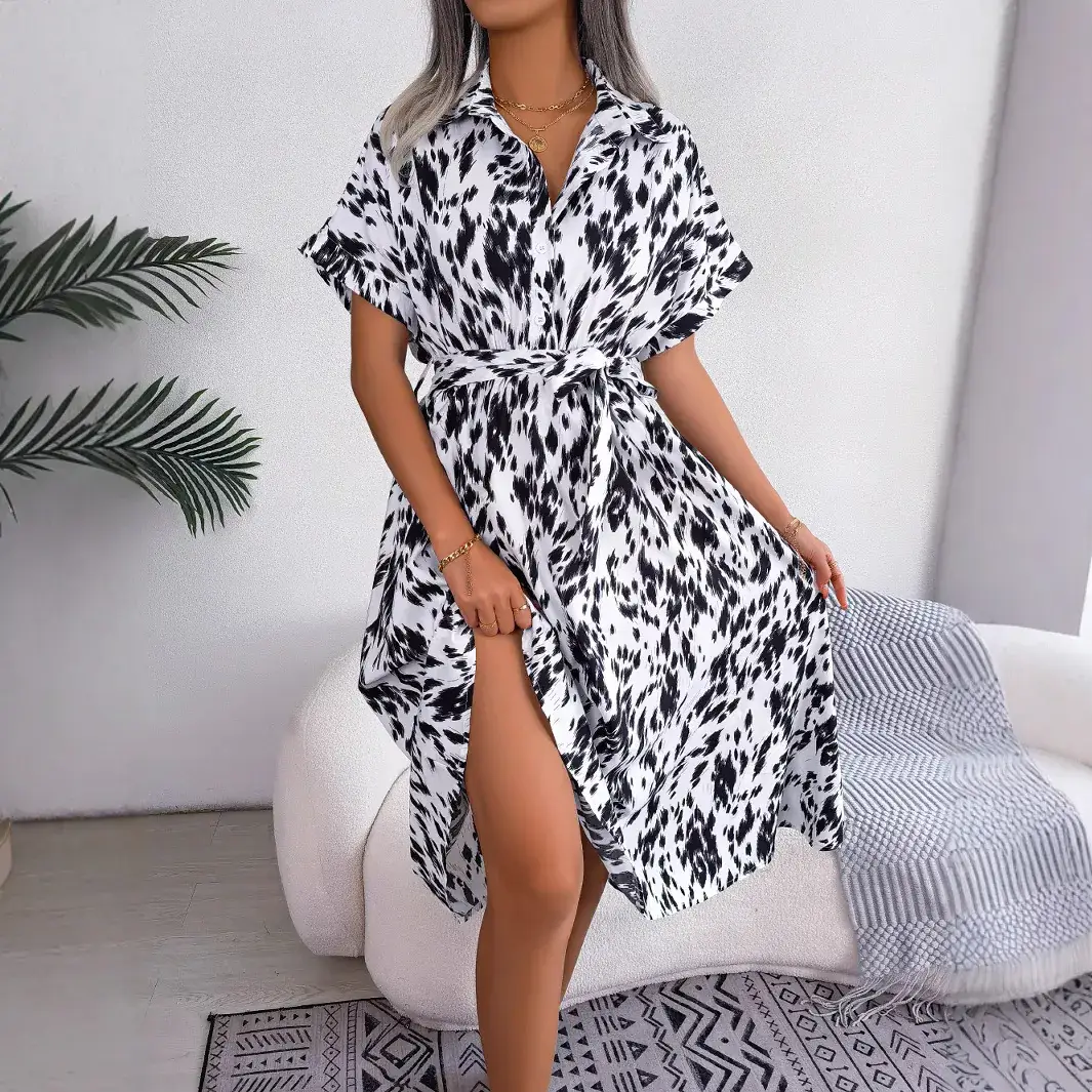 Women's Leopard Print Lace-Up Dress Spring Summer Casual Loose Fit - Image 5