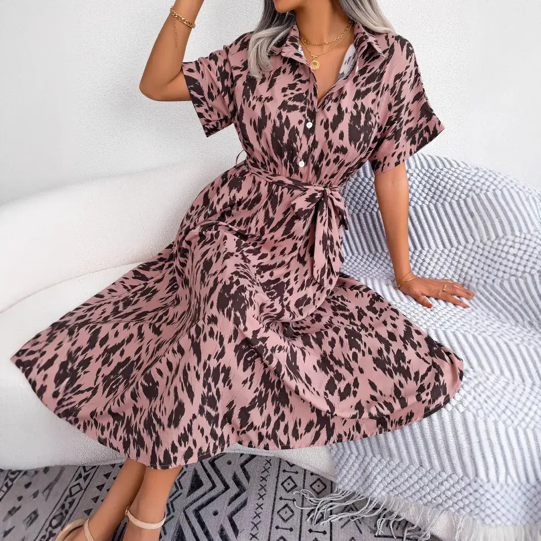 Women's Leopard Print Lace-Up Dress Spring Summer Casual Loose Fit - Image 6