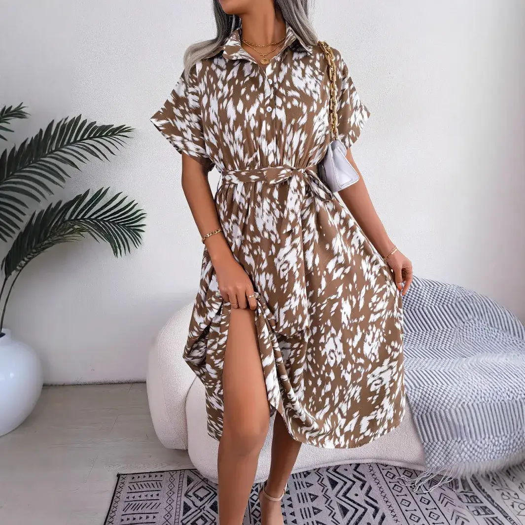 Women's Leopard Print Lace-Up Dress Spring Summer Casual Loose Fit - Image 7