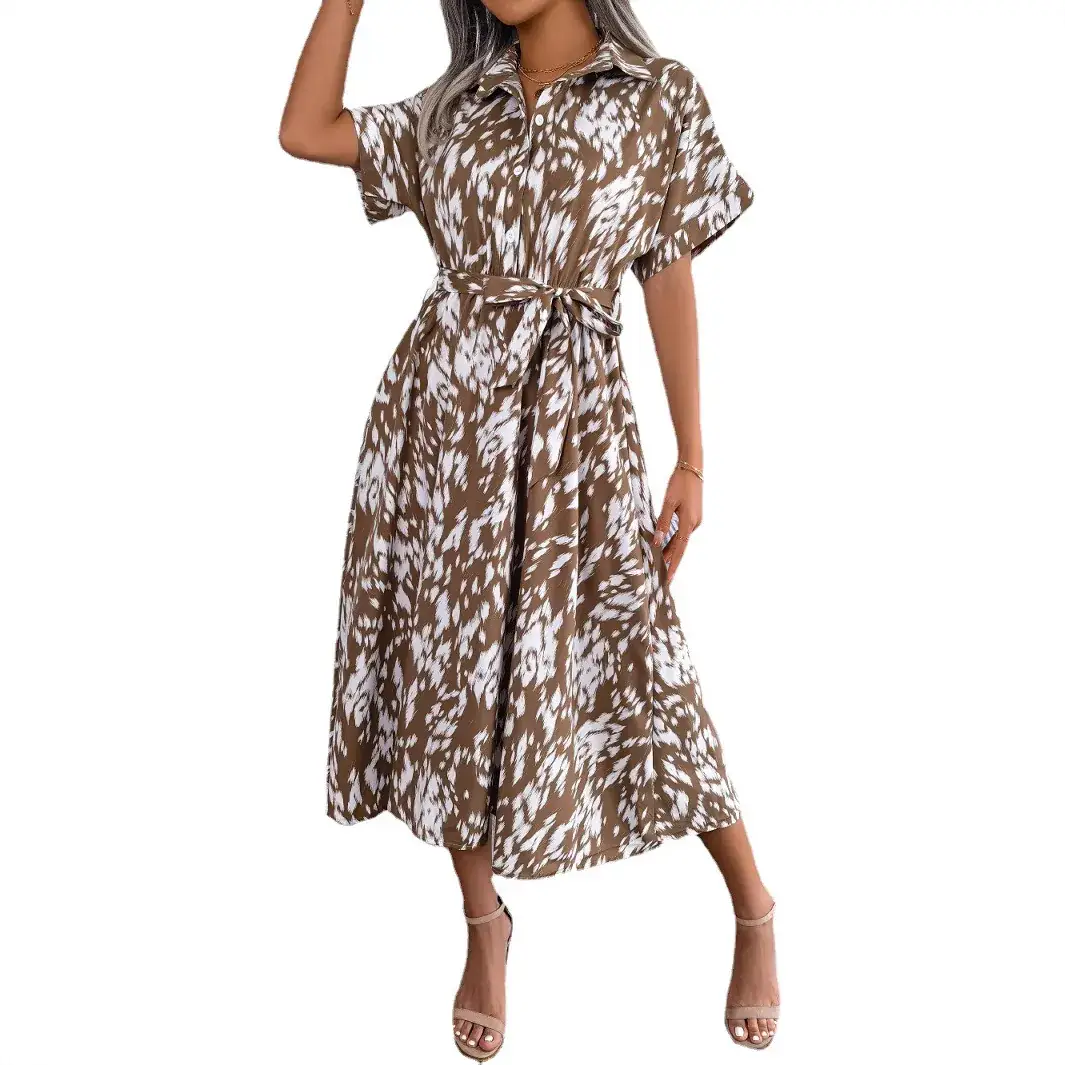 Women's Leopard Print Lace-Up Dress Spring Summer Casual Loose Fit - Image 8