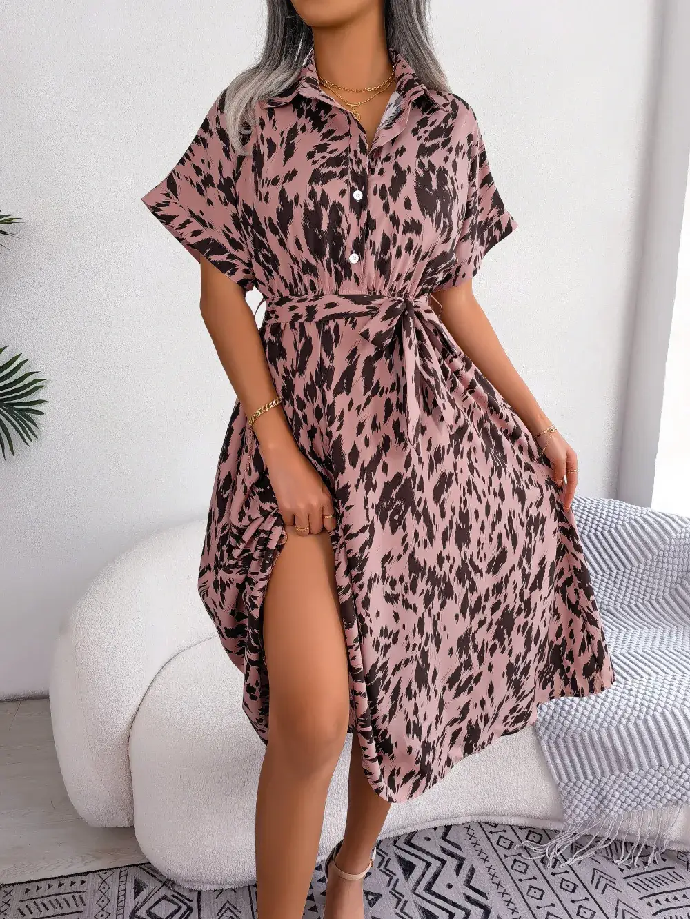 Women's Leopard Print Lace-Up Dress Spring Summer Casual Loose Fit - Image 2
