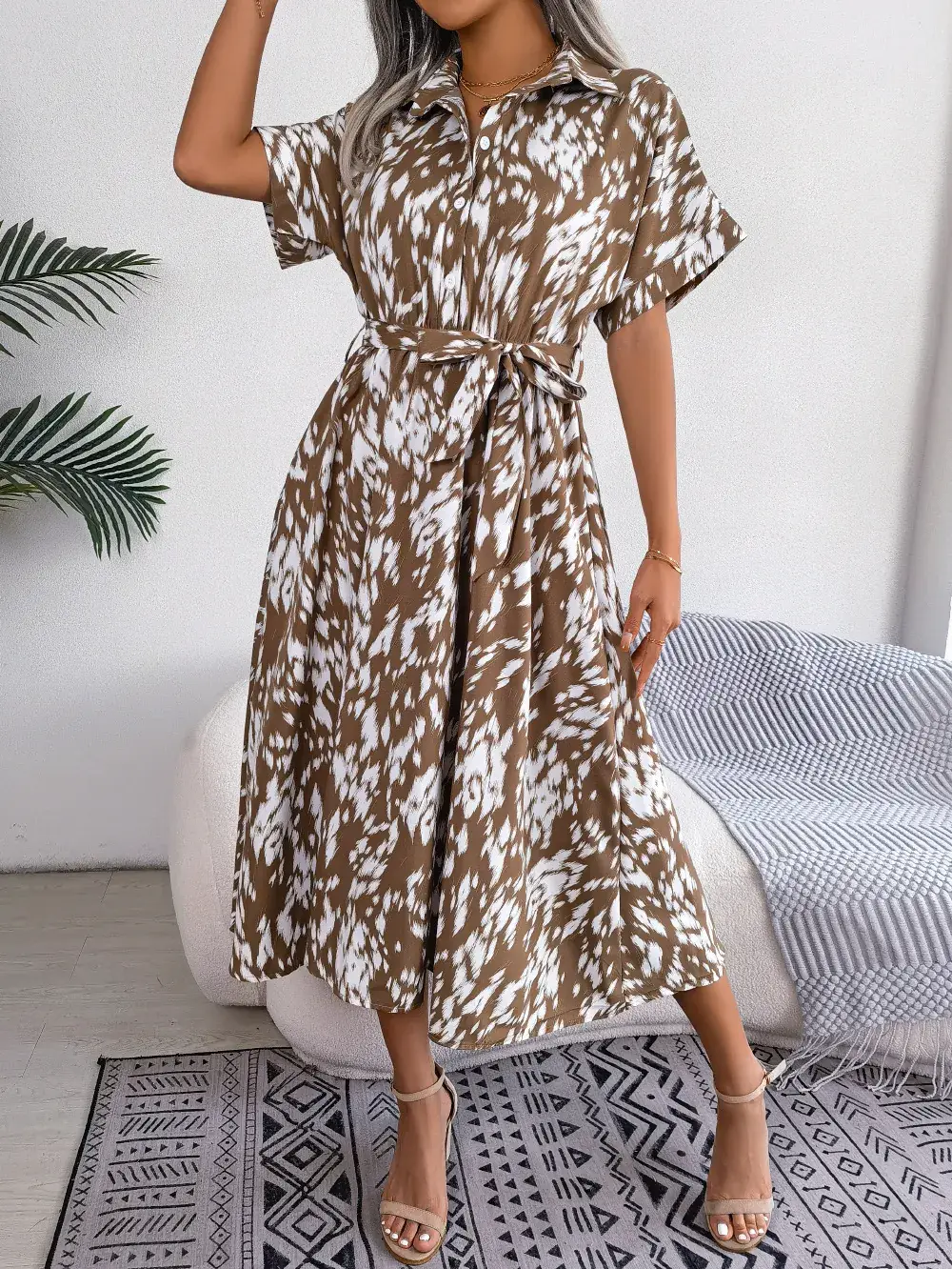 Women's Leopard Print Lace-Up Dress Spring Summer Casual Loose Fit - Image 3