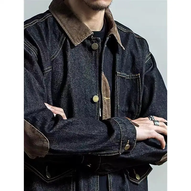 Men's Retro Denim Jacket Dark Blue Spring Autumn - Image 4
