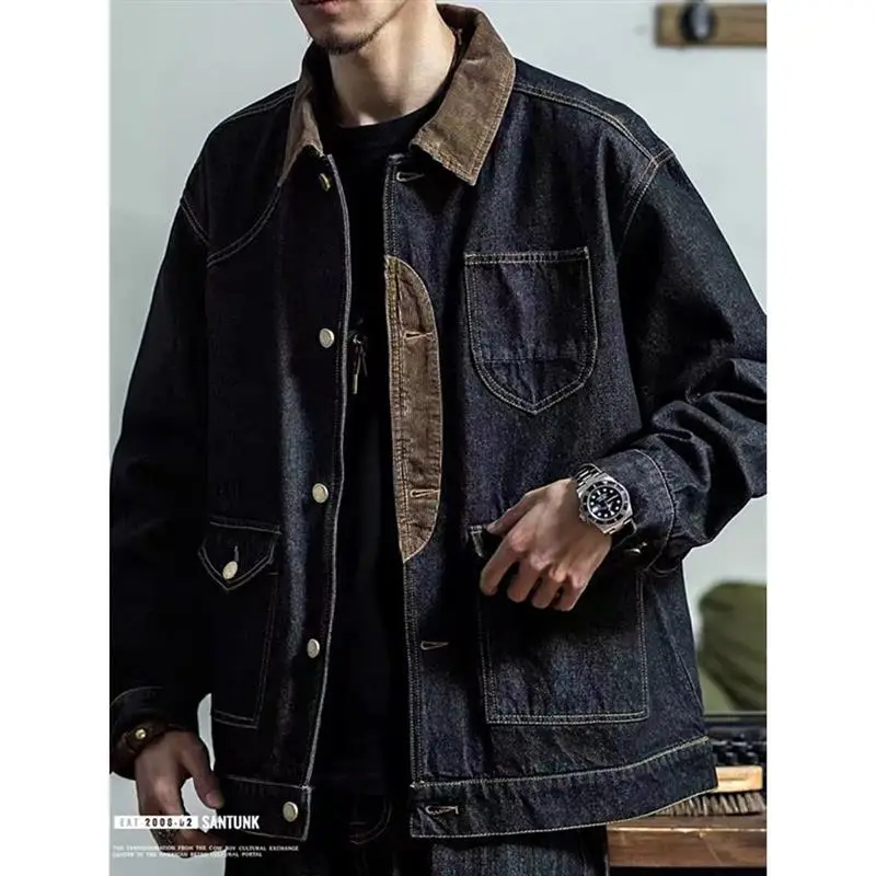 Men's Retro Denim Jacket Dark Blue Spring Autumn - Image 5