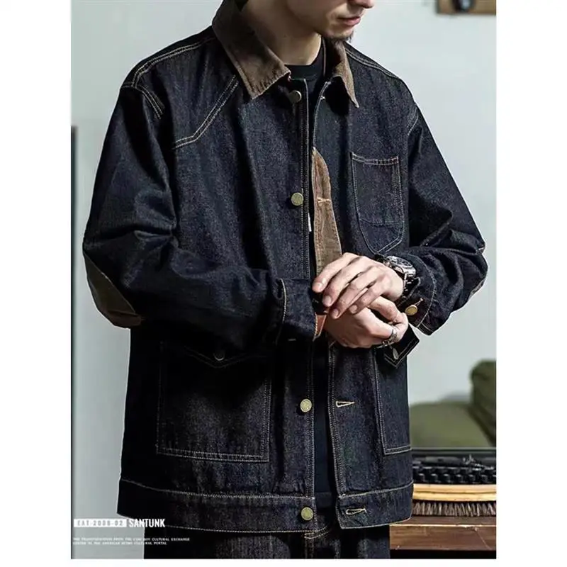 Men's Retro Denim Jacket Dark Blue Spring Autumn - Image 7