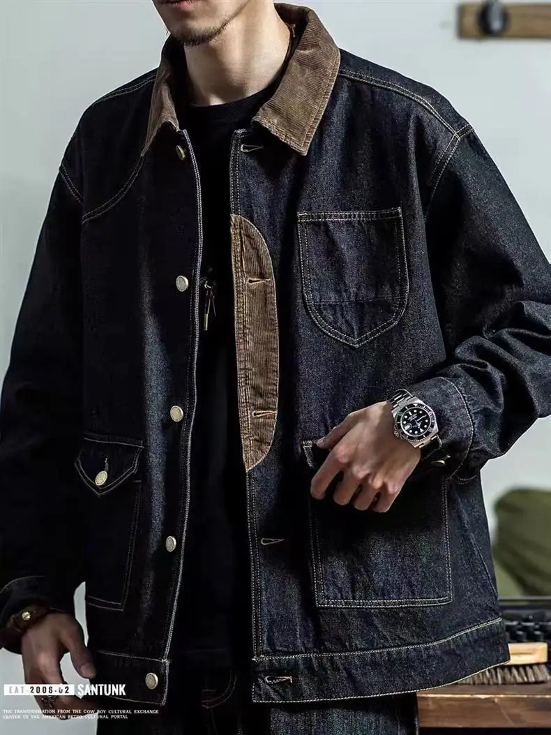 Men's Retro Denim Jacket Dark Blue Spring Autumn — feature 2