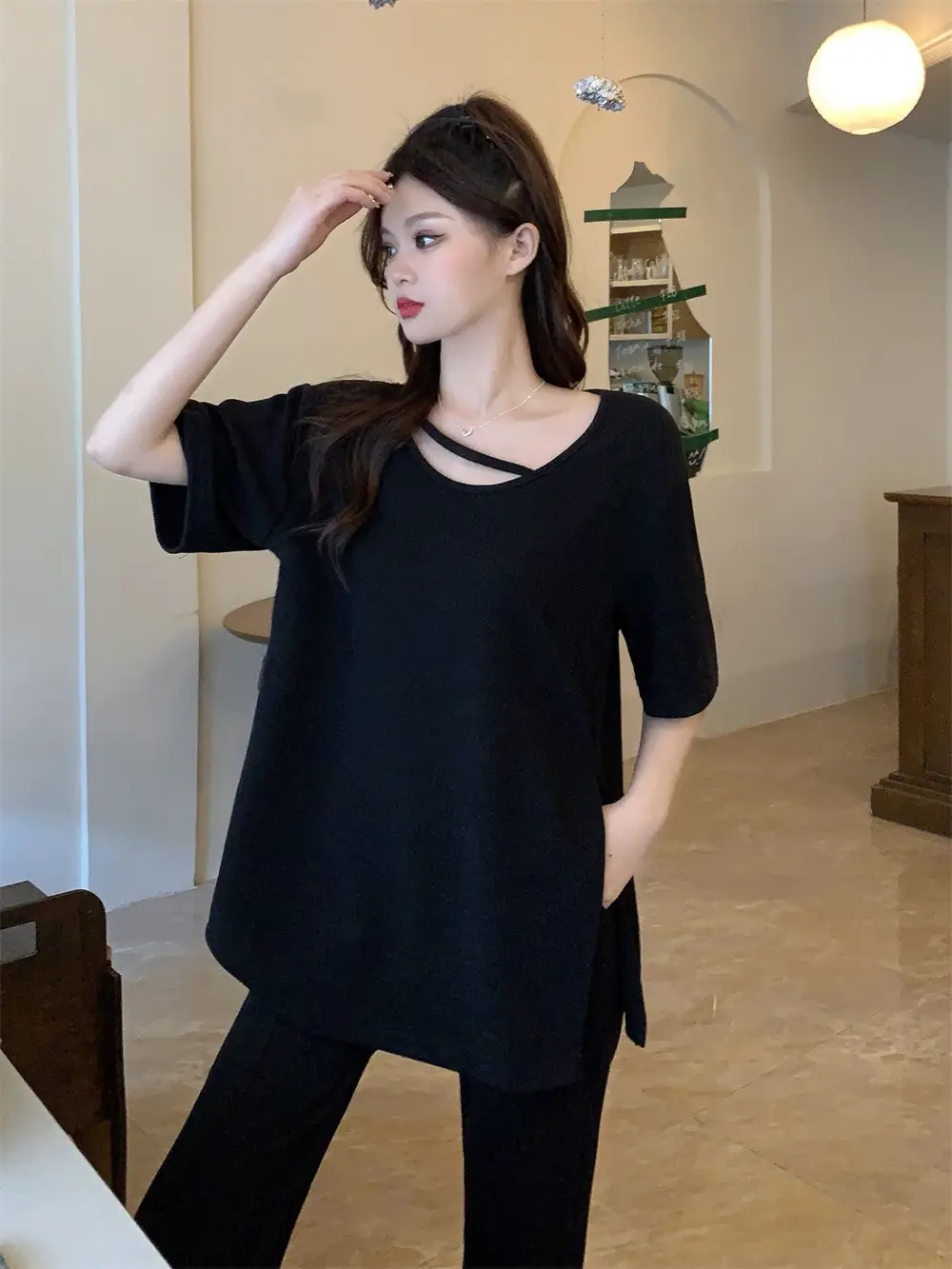 Women's Black Casual Two-Piece Suit Large Size — feature 24
