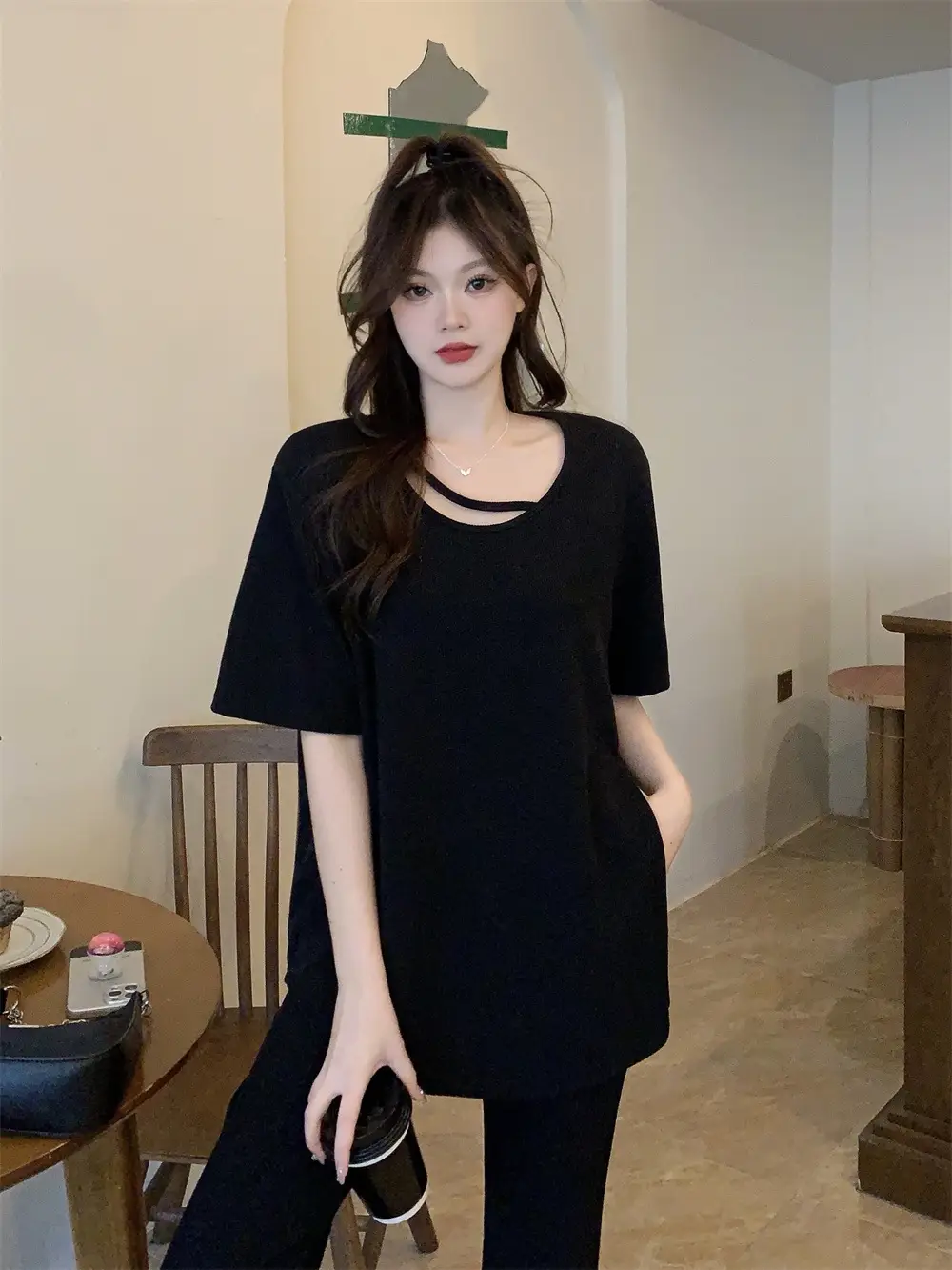 Women's Black Casual Two-Piece Suit Large Size — feature 25