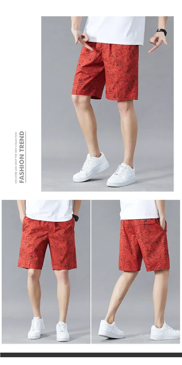 Men Printed Cotton Shorts Red Tropical High Waist — feature 12
