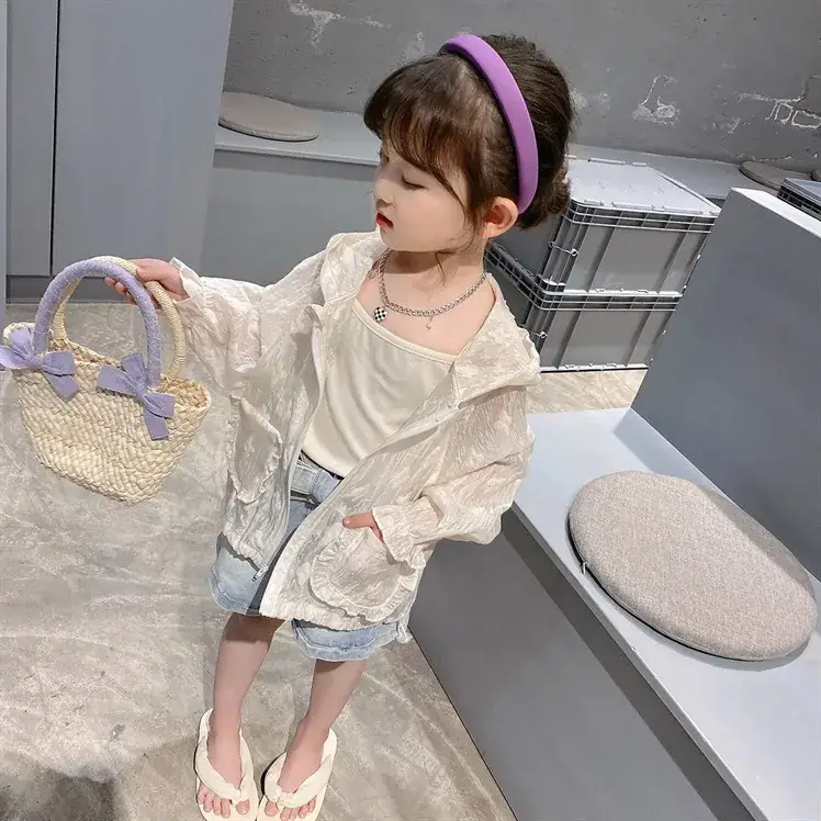 Girls' Summer Sunscreen Shirt Jacket Set Beige Cotton - Image 3