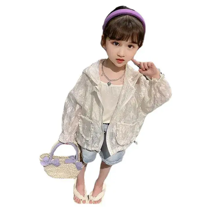 Girls' Summer Sunscreen Shirt Jacket Set Beige Cotton - Image 6