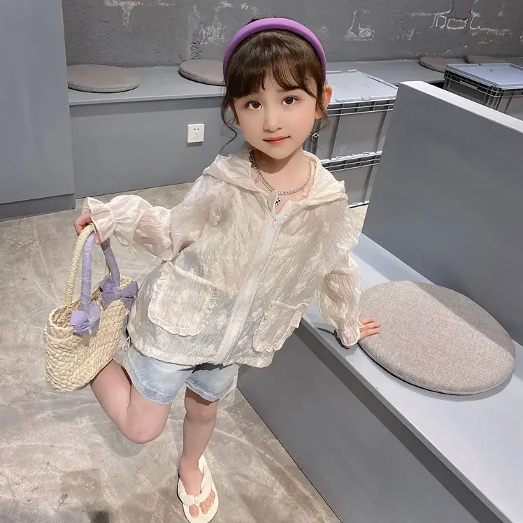 Girls' Summer Sunscreen Shirt Jacket Set Beige Cotton — feature 12
