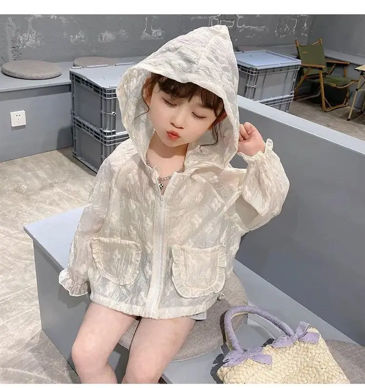 Girls' Summer Sunscreen Shirt Jacket Set Beige Cotton — feature 3