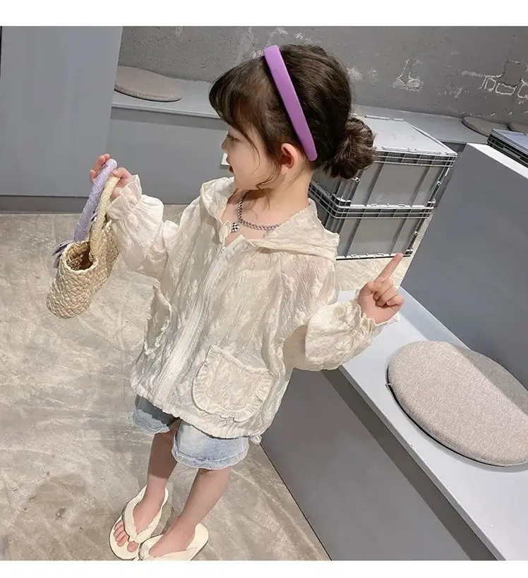 Girls' Summer Sunscreen Shirt Jacket Set Beige Cotton — feature 6