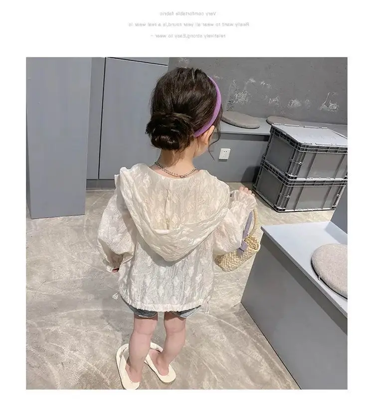 Girls' Summer Sunscreen Shirt Jacket Set Beige Cotton — feature 7