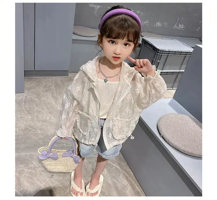 Girls' Summer Sunscreen Shirt Jacket Set Beige Cotton — feature 8