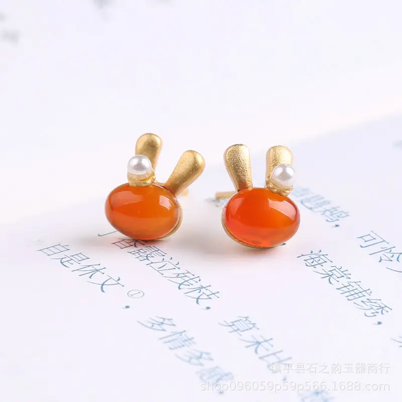 Rabbit Earrings Green Jade Gold Pearl Set - Image 2