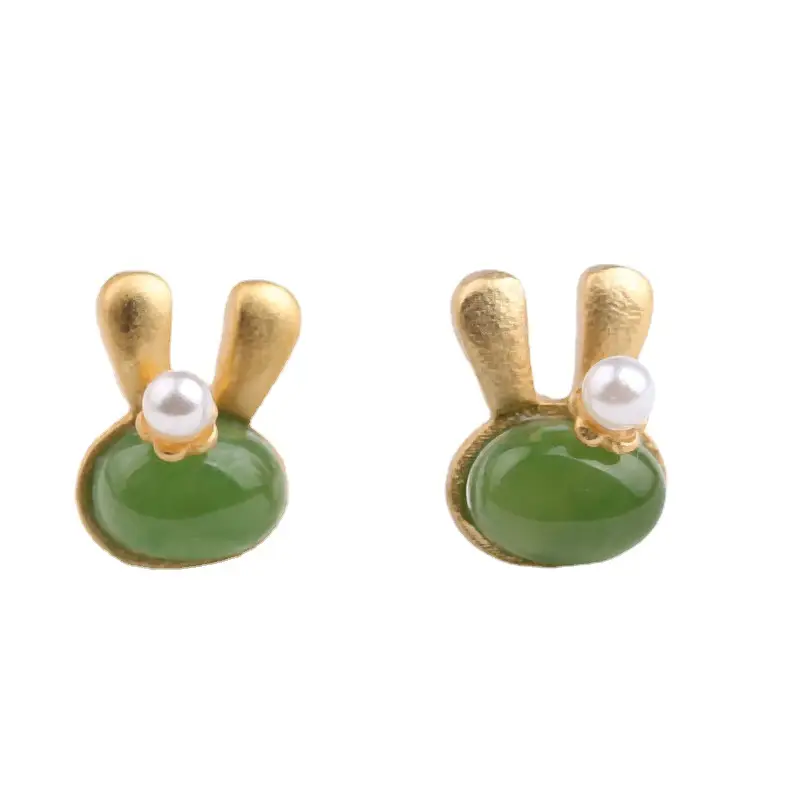 Rabbit Earrings Green Jade Gold Pearl Set - Image 5