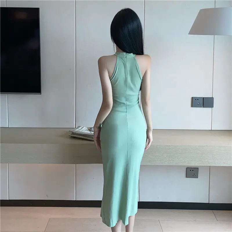 Summer French Style Green Slim Fit Hip Split Dress for Women — feature 6