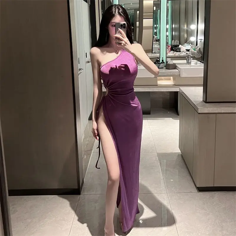 Sexy Spice Girl Purple Slant Sleeve Dress — feature 5