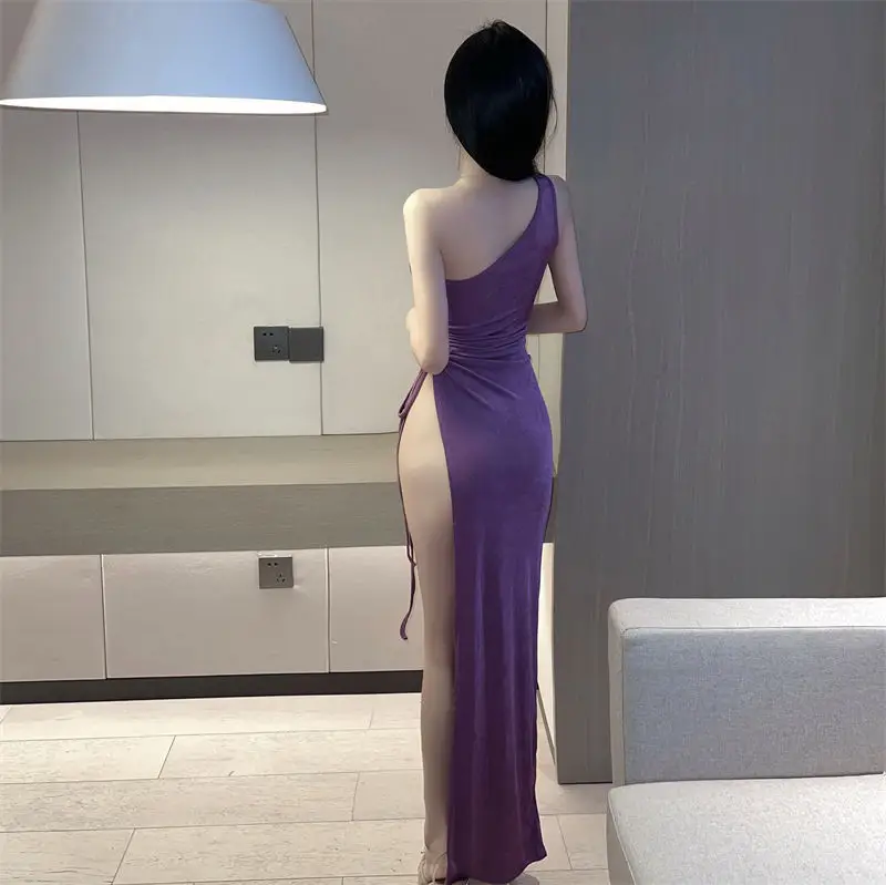 Sexy Spice Girl Purple Slant Sleeve Dress — feature 9