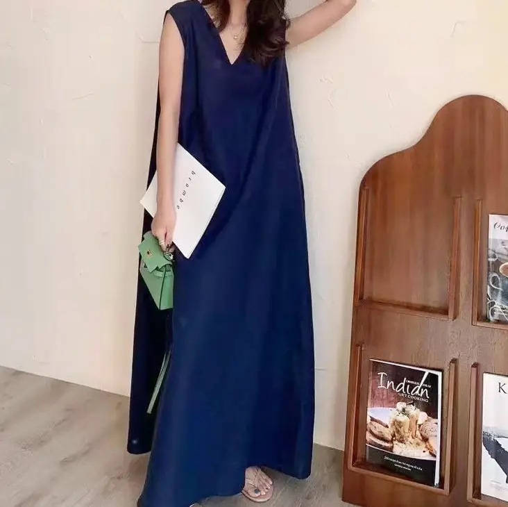 Japanese Korean Summer V Neck Silk Linen Vest Dress Long Skirt Belt