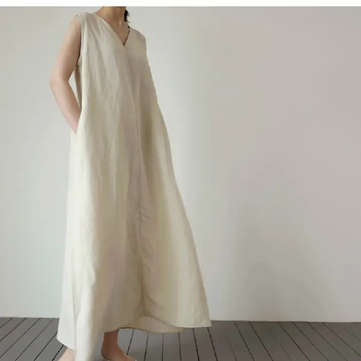 Japanese Korean Summer V Neck Silk Linen Vest Dress Long Skirt Belt