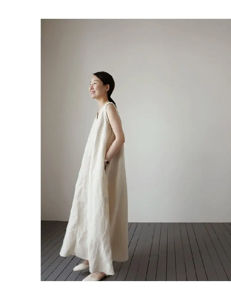 Japanese Korean Summer V Neck Silk Linen Vest Dress Long Skirt Belt — feature 12
