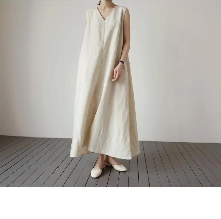 Japanese Korean Summer V Neck Silk Linen Vest Dress Long Skirt Belt — feature 13