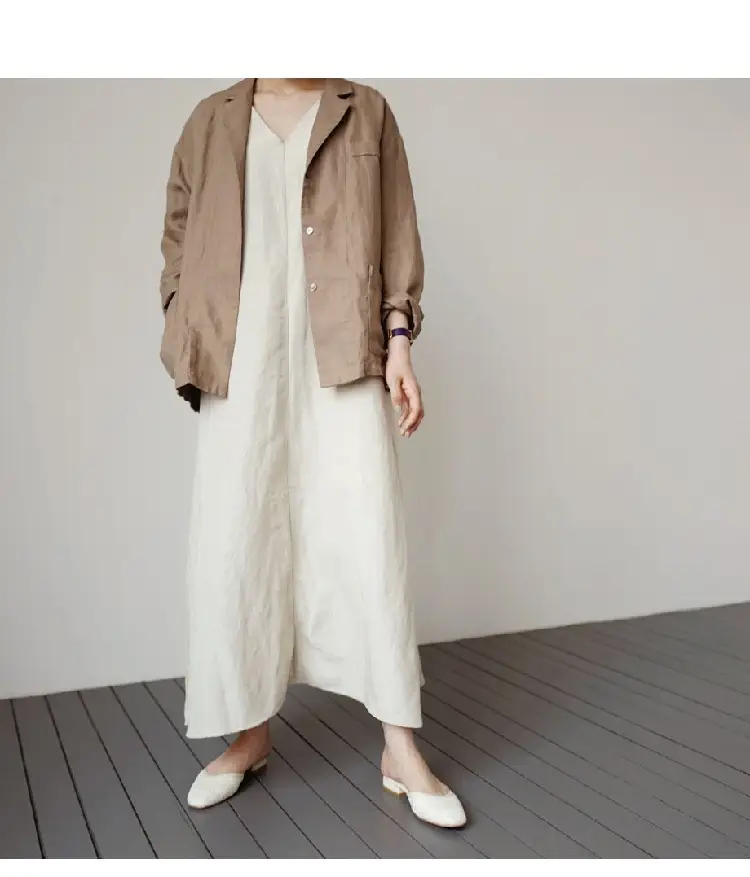 Japanese Korean Summer V Neck Silk Linen Vest Dress Long Skirt Belt — feature 15