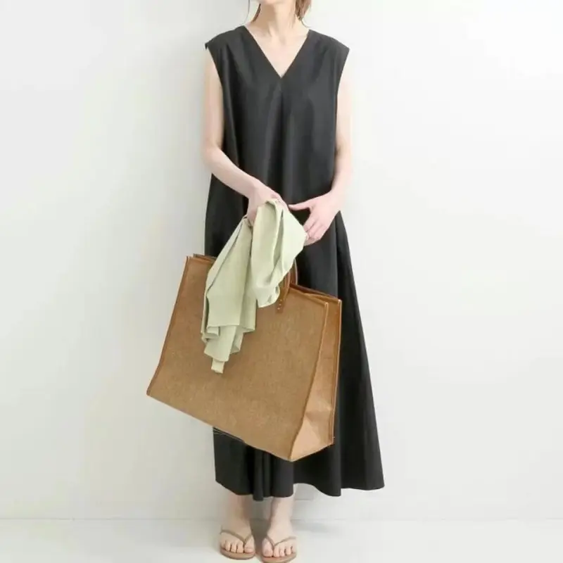 Japanese Korean Summer V Neck Silk Linen Vest Dress Long Skirt Belt — feature 3