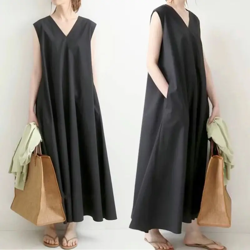 Japanese Korean Summer V Neck Silk Linen Vest Dress Long Skirt Belt — feature 5