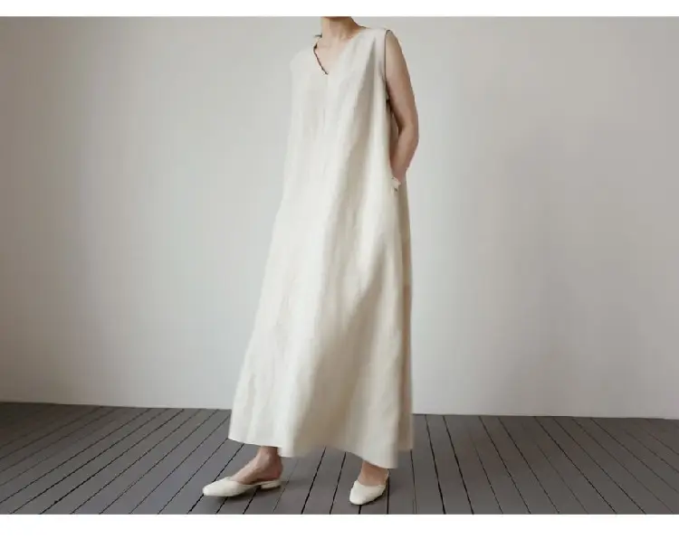Japanese Korean Summer V Neck Silk Linen Vest Dress Long Skirt Belt — feature 9