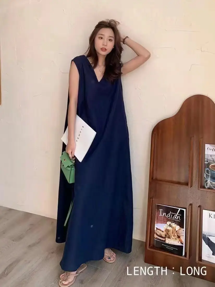 Japanese Korean Summer V Neck Silk Linen Vest Dress Long Skirt Belt