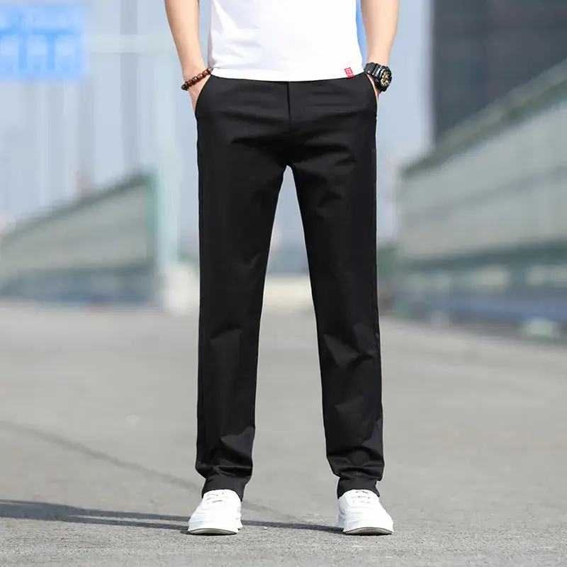 Men Slim Fit Stretch Straight Pants Black Cotton 2023 - Image 7