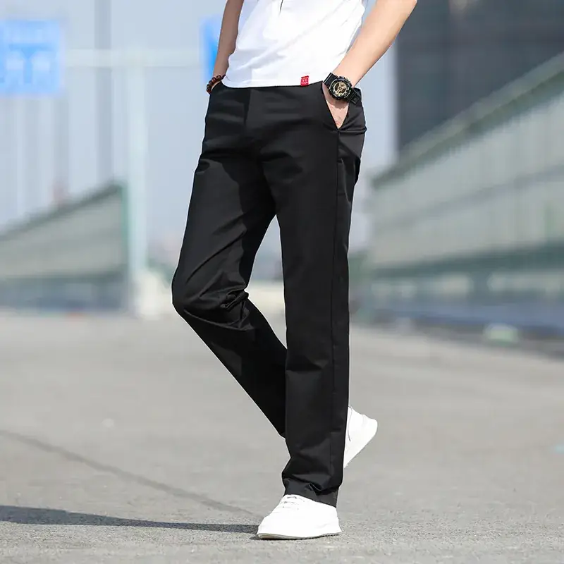 Men Slim Fit Stretch Straight Pants Black Cotton 2023 - Image 2