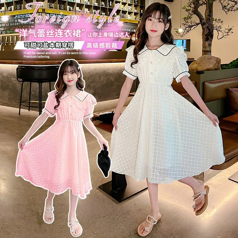 Girls Pink Grid Dress Medium Large Summer 2024 - Image 5