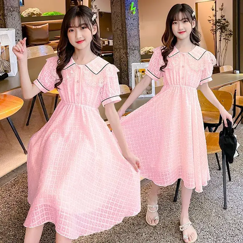 Girls Pink Grid Dress Medium Large Summer 2024 - Image 6